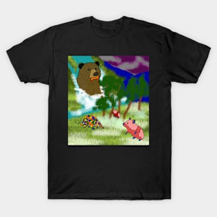 bear of waterfall looking over pangolin and hamster T-Shirt